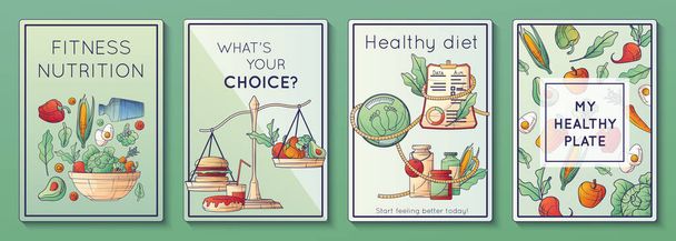 栄養士栄養士のポスターは、テキストスケールと野菜のアイコンのベクトルイラストの4つの独立した垂直組成で設定 - ベクター画像