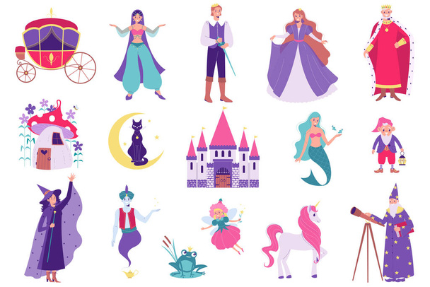 Set with isolated fairy tale flat icons with images of mythical story heroes and medieval kings vector illustration - Vetor, Imagem