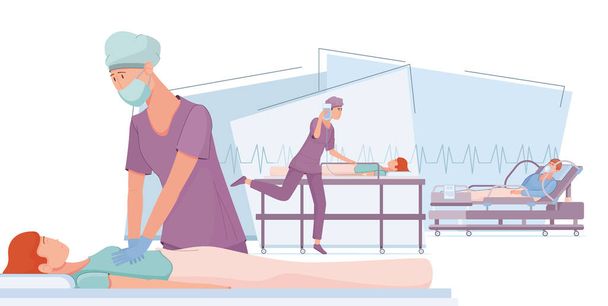 Resuscitation intensive care composition with flat views of medical procedures with characters of patients and physicians vector illustration - ベクター画像