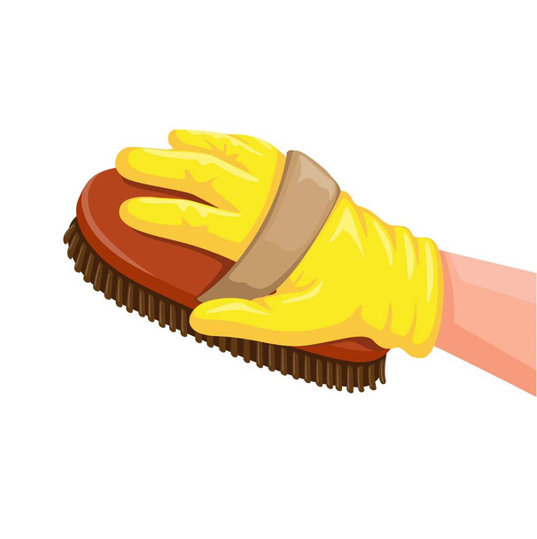 Hand wear latex glove holding brush for grooming horse or cleaning dirt symbol cartoon illustration vector - Vektori, kuva