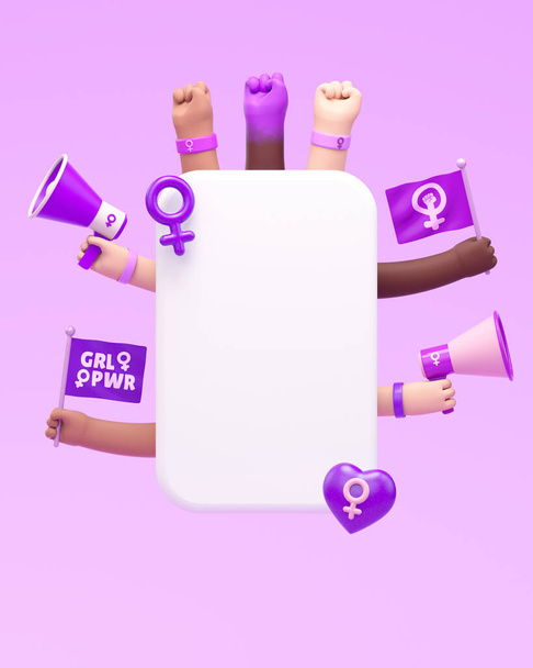 International Womens Day social media post template with text box and activist women's hands in 3d illustration. March 8 for feminism, independence, empowerment, activism for women rights - Photo, Image