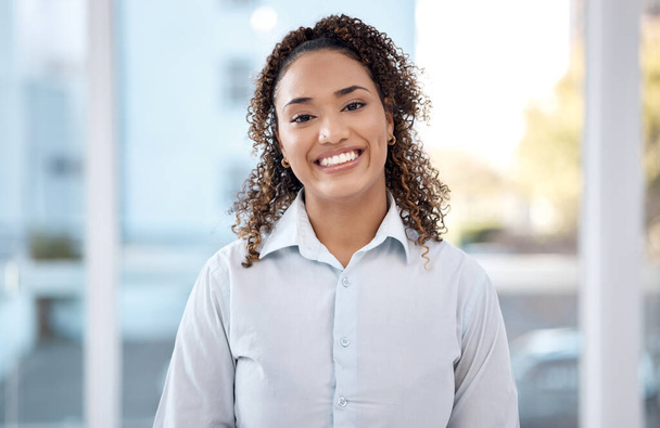 Happy, office and portrait of black woman with smile for success, ideas and motivation in corporate workplace. Leadership, business and female entrepreneur in Mexico with goals, mission and pride. - Photo, Image