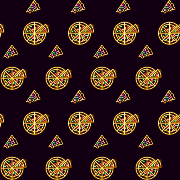 Pizza Neon Seamless Pattern. Vector Illustration of Fast Food Glowing Led Lamp Electric Background. - Vetor, Imagem