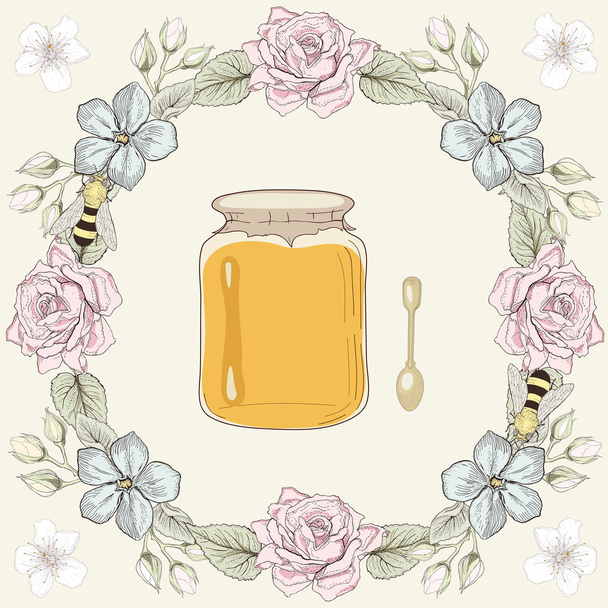Kwiatowy, słoik miodu i pszczoły - Wektor, obraz