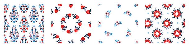 Red and blue folkart quilt vector pattern set. Collection of seamless scandi all over fabric for whimsical patchwork background - ベクター画像