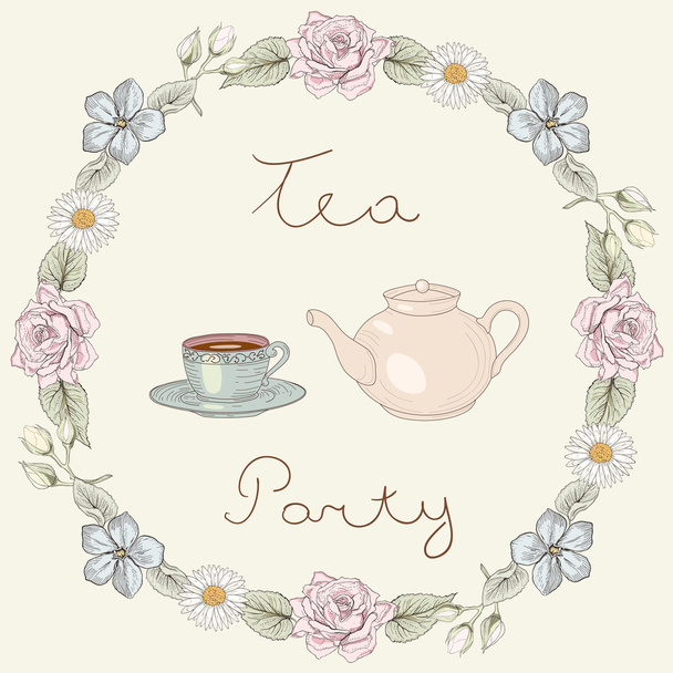 Tea party floral frame - Vector, Imagen
