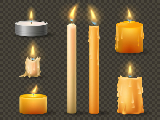 A realistic burning candles. Different types of a celebration wax candles. Vector set of isolated candles on a transparent background. - Vector, afbeelding