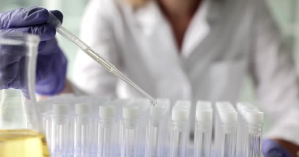 Wissenschaftler tropft von Pipette in Reagenzglas transparente Flüssigkeit im Labor. Giftige Substanzen im Wasser und Wassertoxizität - Filmmaterial, Video