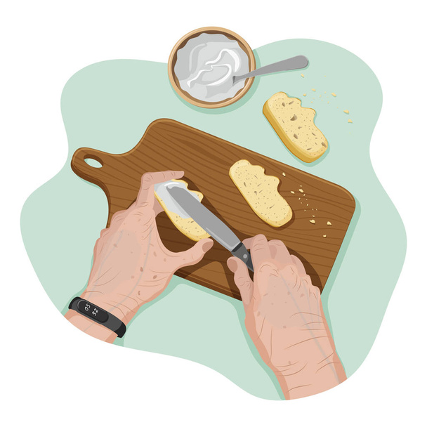 As mãos do mais velho com smartwatch estendem o queijo de creme em uma parte crocante do pão com a faca em uma tábua de corte de madeira com migalhas do ponto de vista pessoal. Processo de cozimento. Conceito isolado plano vetorial - Vetor, Imagem