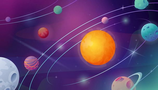 Space cartoon composition with colorful view of outer space with flying planets and glowing orbit trails vector illustration - Vektör, Görsel