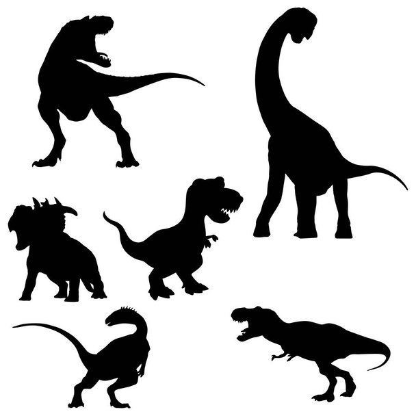 Set of black silhouettes of dinosaurs on a white background - Vector, imagen