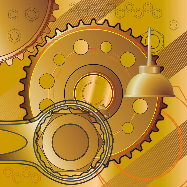 Промышленный натюрморт - шестерни, масло, инструменты символы ремонта
 - Вектор,изображение