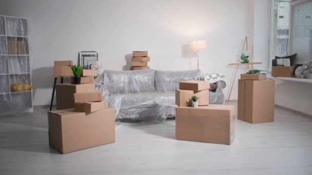 uusi talo, kalusteet laatikot muutto huoneistoon seisoo tausta valkoiset seinät - Materiaali, video