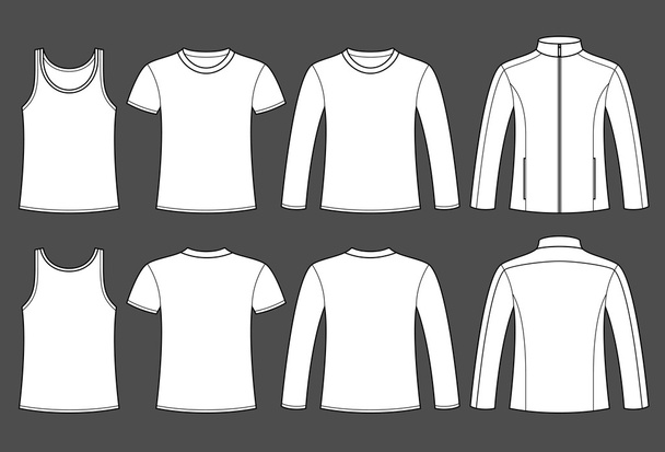 singlet, t-shirt, uzun kollu gömlek ve ceket şablonu - Vektör, Görsel