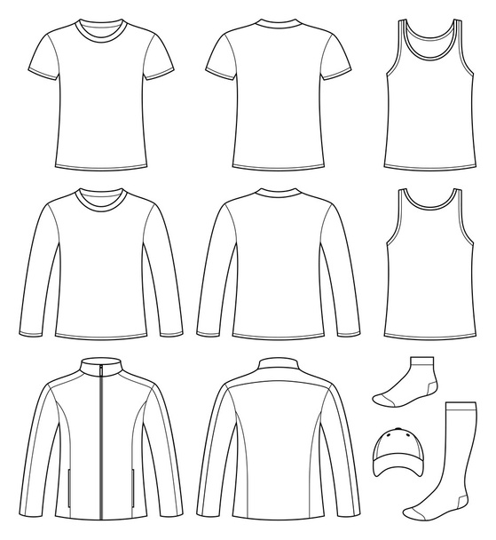 Singlet, T-shirt, Long-sleeved T-shirt, Jacket, Socks and Cap te - Vector, Image