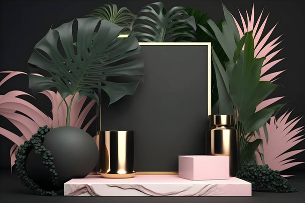  A luxurious mate white marble pink podium stage display mockup perfect for product presentation. Featuring a green tropical palm leaves illustration, it adds a touch of exotic glamour - Zdjęcie, obraz