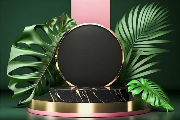  Een luxe mat wit marmer roze podium display mockup perfect voor productpresentatie. Met een groene tropische palmbladeren illustratie, het voegt een vleugje exotische glamour - Foto, afbeelding