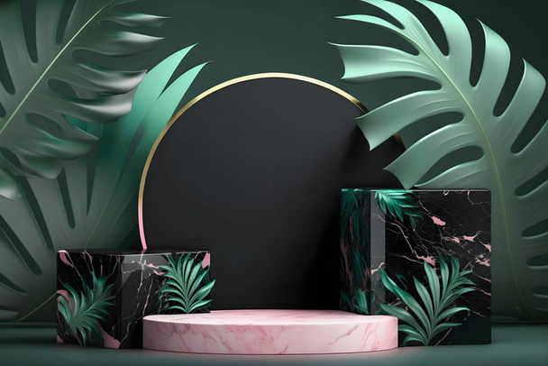 Una lujosa maqueta de exhibición de escenario de podio rosa de mármol blanco mate perfecta para la presentación del producto. Con una ilustración de hojas de palma tropical verde, agrega un toque de glamour exótico - Foto, imagen