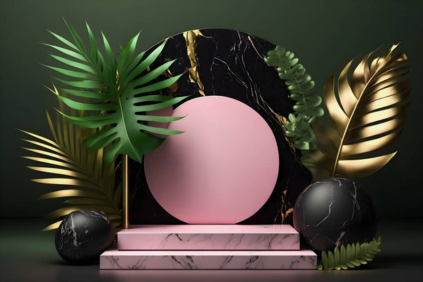 Ylellinen mate valkoinen marmori vaaleanpunainen palkintopallokenttä näyttö mockup täydellinen tuote-esitys. Mukana vihreä trooppinen palmunlehtiä kuva, se lisää ripaus eksoottista glamouria - Valokuva, kuva
