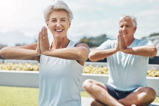 Senior couple, yoga and smile in meditation by the countryside for healthy spiritual wellness in nature. Happy elderly woman and man meditating in happiness for calm peaceful exercise in the outdoors. - Fotoğraf, Görsel