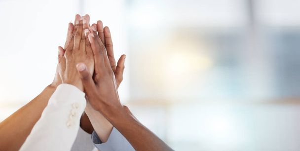 High five, business team and collaboration success of staff in office with mock up. Company, staff and hands together for solidarity, motivation and support with blurred background and mockup. - Fotoğraf, Görsel