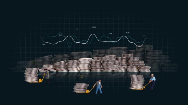 Miniature men moving coins in carts. Business concept with pile of coins and graphs and miniature people.  - Video, Çekim
