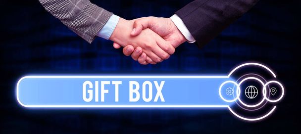Inspiration showing sign Gift Box, Business overview A small cointainer with designs capable of handling presents - Photo, Image