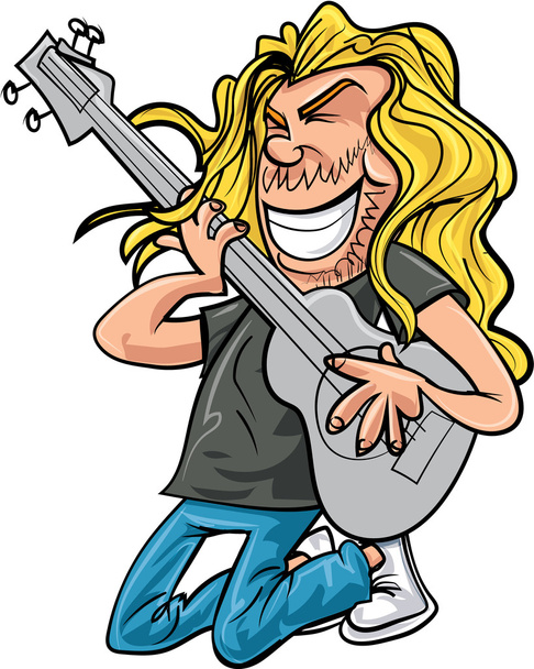 Γελοιογραφία ροκ κιθάρα παίκτης που παίζει μουσική ροκ - Διάνυσμα, εικόνα