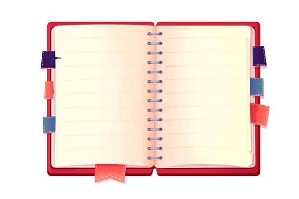 Diary, note book in cartoon style top view isolated on white background. Book with bookmarks and spiral, daily planner. Vector illustration - Vektori, kuva