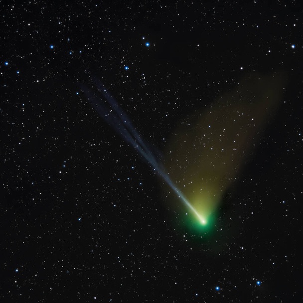 Cometa C 2022 E3. Núcleo verde brilhante e fraca cauda de íons Cometas. Imagem de 7 de fevereiro de 2023. Estrelas de fundo visíveis. Foto de alta qualidade - Foto, Imagem