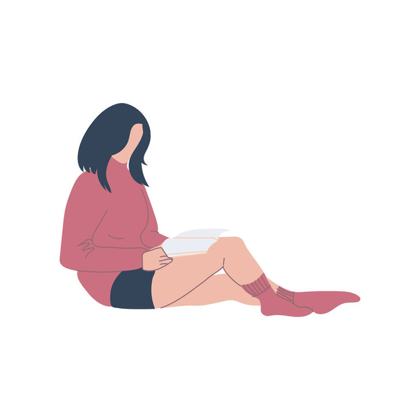 Молодая женщина сидит и читает книгу. - Вектор,изображение