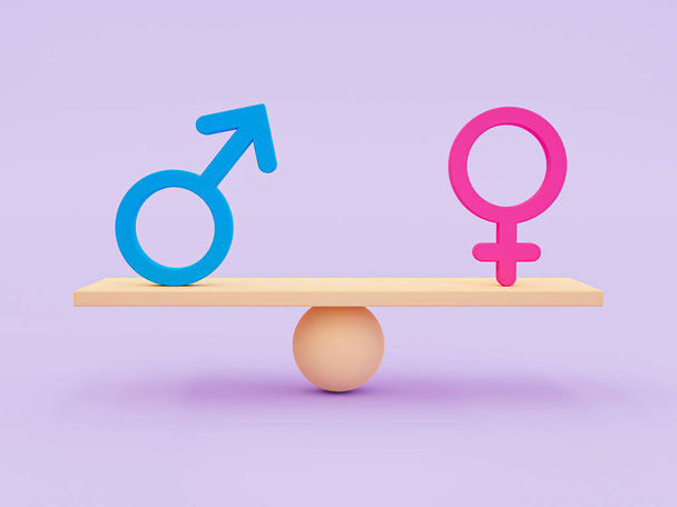 3d igualdad mínima de género. Detener el concepto de discriminación de género. icono masculino y femail icono en balancín. Ilustración de representación 3d. - Foto, imagen