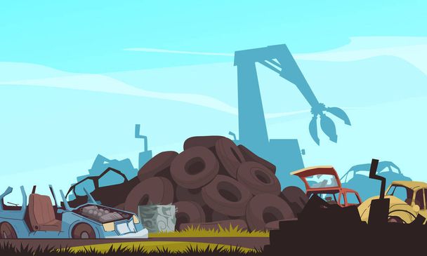 Car dump cartoon composition with crushed auto landfill vector illustration - Vector, Image