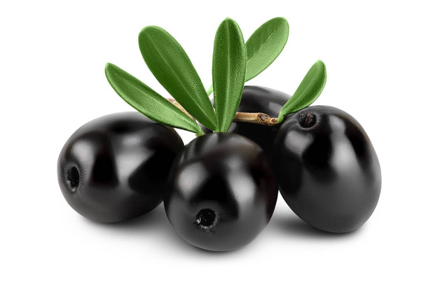 Mustat oliivit, joiden lehdet on eristetty valkoisella pohjalla ja joilla on täysi syvyys - Valokuva, kuva