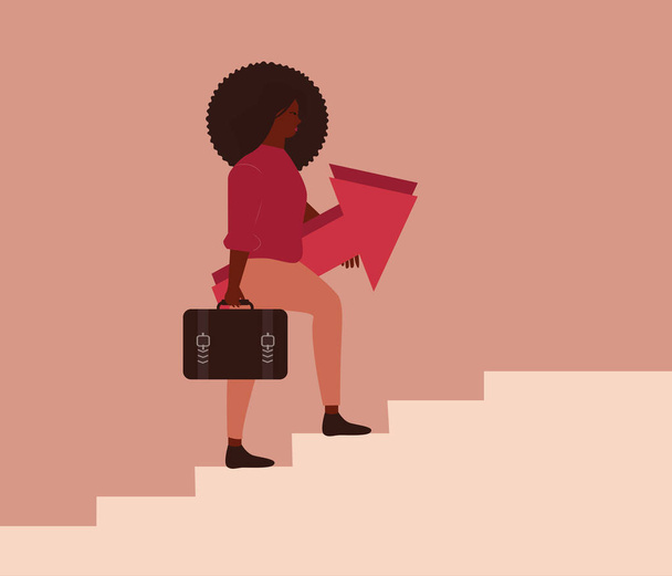 Αφροαμερικανή ανεβαίνει τις σκάλες και κρατάει βέλη για να πετύχει το στόχο της. Η επιχειρηματίας ανεβαίνει τις σκάλες της καριέρας της. Μαύρα θέματα της κοινότητας και των γυναικών των επιχειρήσεων έννοια ενδυνάμωση. - Διάνυσμα, εικόνα