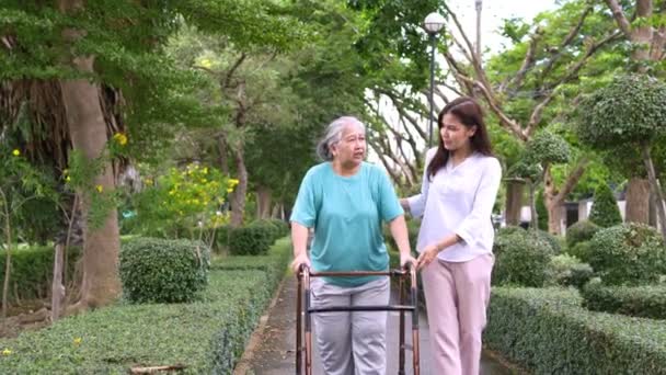 Une vieille femme asiatique âgée utilise une marchette et marche dans le jardin avec sa fille. Concept de retraite heureuse Avec les soins d'un soignant et l'épargne et l'assurance-maladie des aînés, les soins de santé - Séquence, vidéo