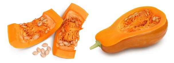 butternut squash or pumpkin piece isolated on white background with full depth of field. Top view. Flat lay. - Foto, Imagem