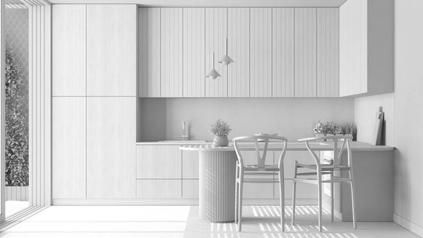 Σύνολο λευκό σχέδιο έργου, japandi μοντέρνα ξύλινη κουζίνα. Δείπνο νησί με καρέκλες. Δάπεδο με παρκέ και γλάστρες. Σκανδιναβική εσωτερική διακόσμηση - Φωτογραφία, εικόνα