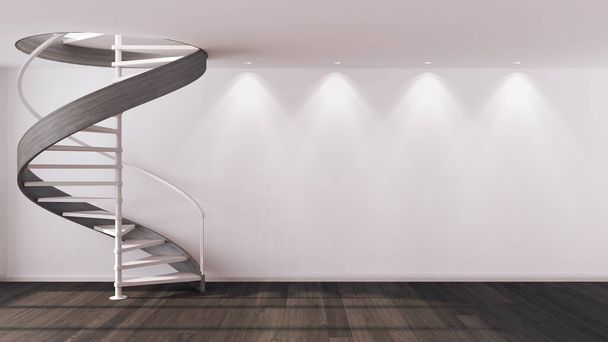 Dark wooden spiral staircase in modern hallway in white tones. Parquet floor and spotlights, template mockup. Goals achievement concept - Foto, imagen