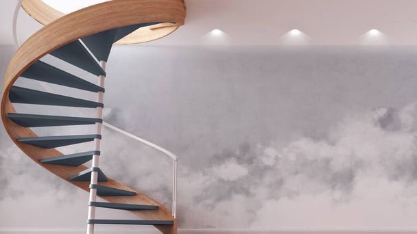 Wooden spiral staircase in modern hallway in white and gray tones. Bottom view, spotlights, template mockup. Goals achievement concept - Foto, Bild