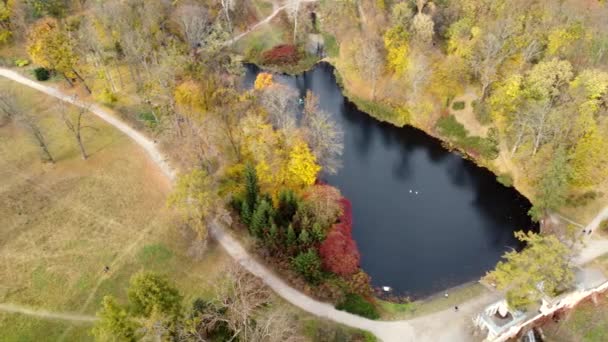 Beautiful scenery view of an autumn park with trees with yellow fallen leaves, lakes, architecture, glades and people walking along dirt paths on an autumn day. Flying over the autumn park. Top view. - Footage, Video