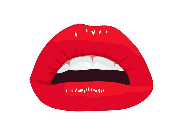 Κόκκινο σέξι χείλη Διάνυσμα ρεαλιστική απεικόνιση των σέξι γυναικεία χείλη, μισάνοιχτο στόμα. Αυτοκόλλητο που απομονώνεται σε λευκό φόντο. - Διάνυσμα, εικόνα