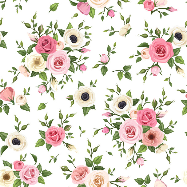 Seamless pattern with pink and white roses, lisianthus and anemone flowers - Vektör, Görsel