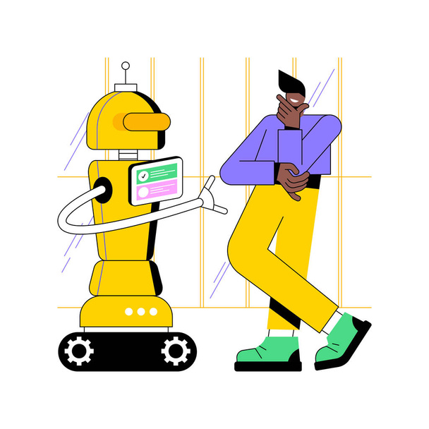 Robots de service à la clientèle illustrations vectorielles de dessins animés isolés. Personne interagissant avec robot numérique, technologie moderne, innovation du secteur des services, dessin animé vectoriel d'aide à la clientèle professionnelle. - Vecteur, image