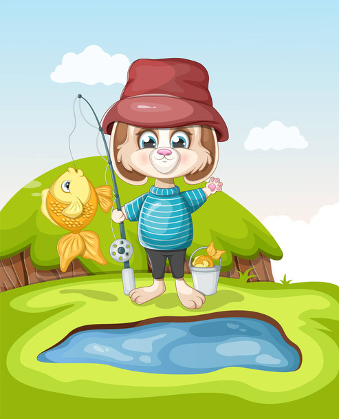 Cute cartoon bunny with a fishing rod, a bucket and a goldfish by the green pond - Vector, afbeelding