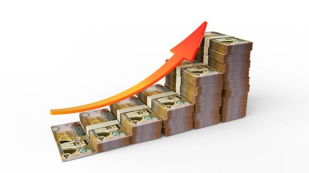 Signo de crecimiento financiero hecho de pilas de notas de Dinar jordano. Representación en 3D del dinero jordano en forma de gráfico de barras aislado sobre fondo blanco - Foto, imagen