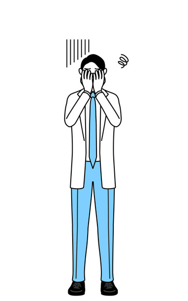 Ένας γιατρός με λευκά παλτά που καλύπτει το πρόσωπό του με κατάθλιψη.. - Διάνυσμα, εικόνα
