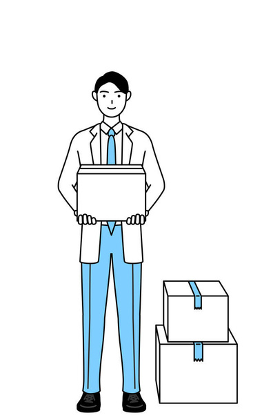 Ένας γιατρός με λευκά παλτά που δουλεύει για να μεταφέρει κουτιά από χαρτόνι. - Διάνυσμα, εικόνα