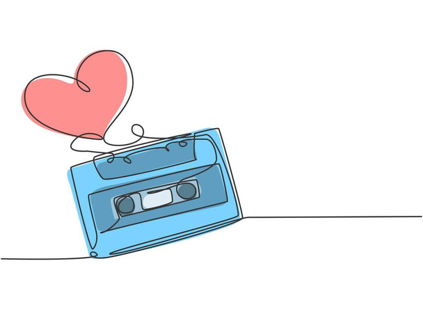 Een continue lijn tekening van creatieve retro en vintage cassette tape lint gevormd hartvormig. Romantische muzikale bruiloft uitnodiging concept enkele lijn tekening grafisch ontwerp vector illustratie - Vector, afbeelding