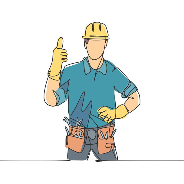 One line drawing of happy handyman wearing helmet and carrying tools gives thumbs up. Home maintenance service excellent concept. Continuous line draw graphic vector design illustration - Vector, Image